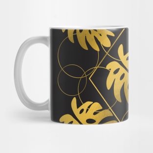 Golden Monstera Leaves Pattern on Black Mug